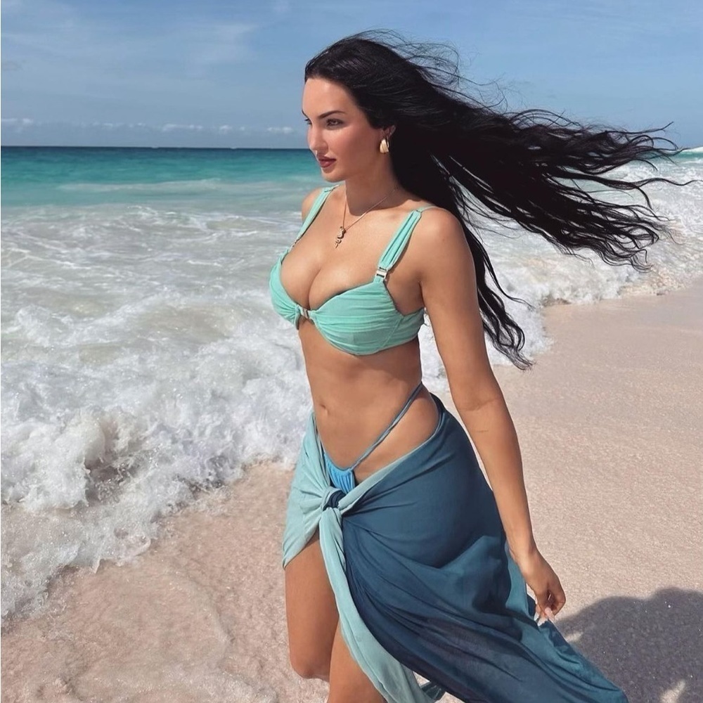 NEW JLUXLABEL Light Blue High Tides Bikini Mesh Ruched Bikini Top